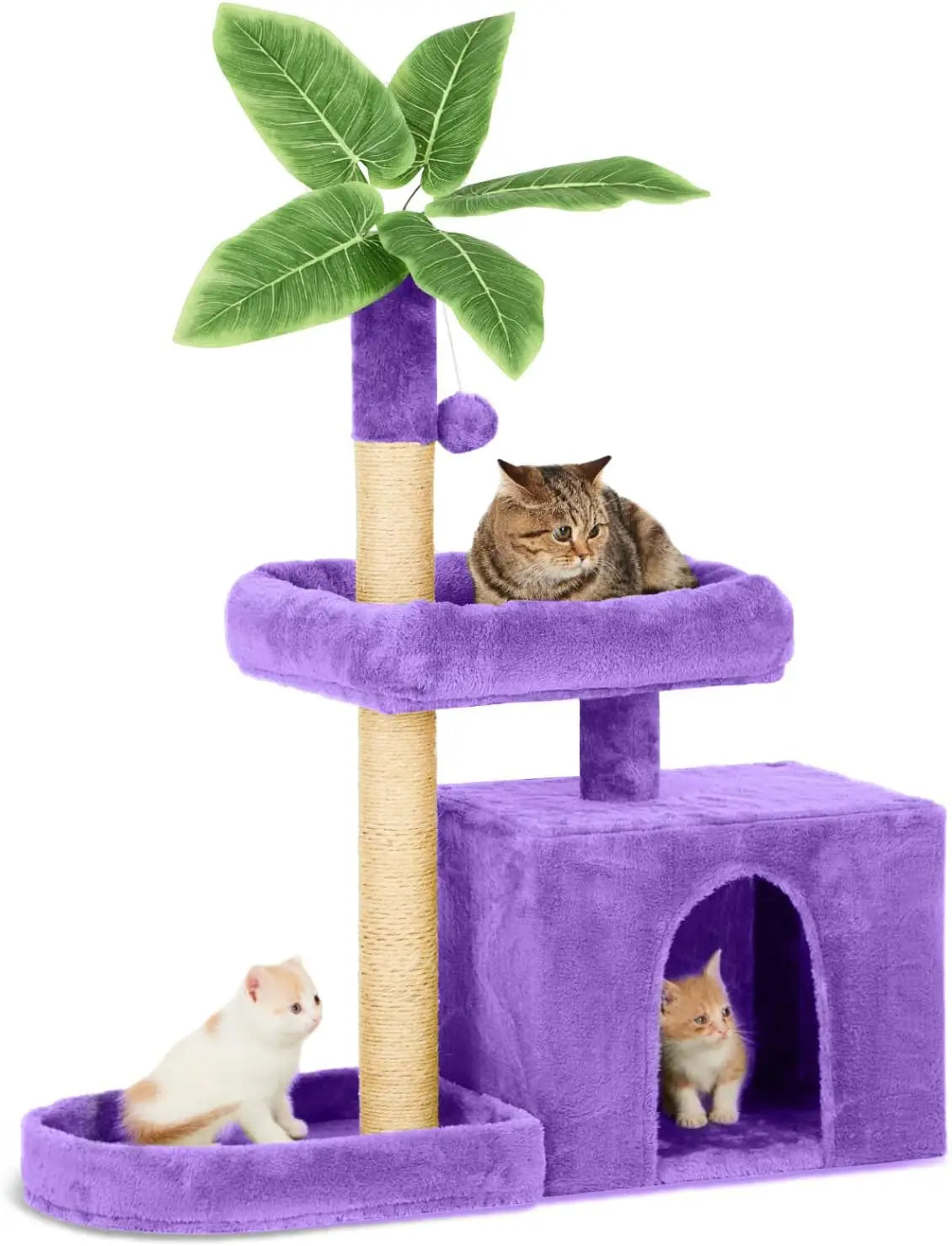 31.5" Cat Tower with Green Leaves, Cat Condo with Hang Ball and Leaf Shape Design