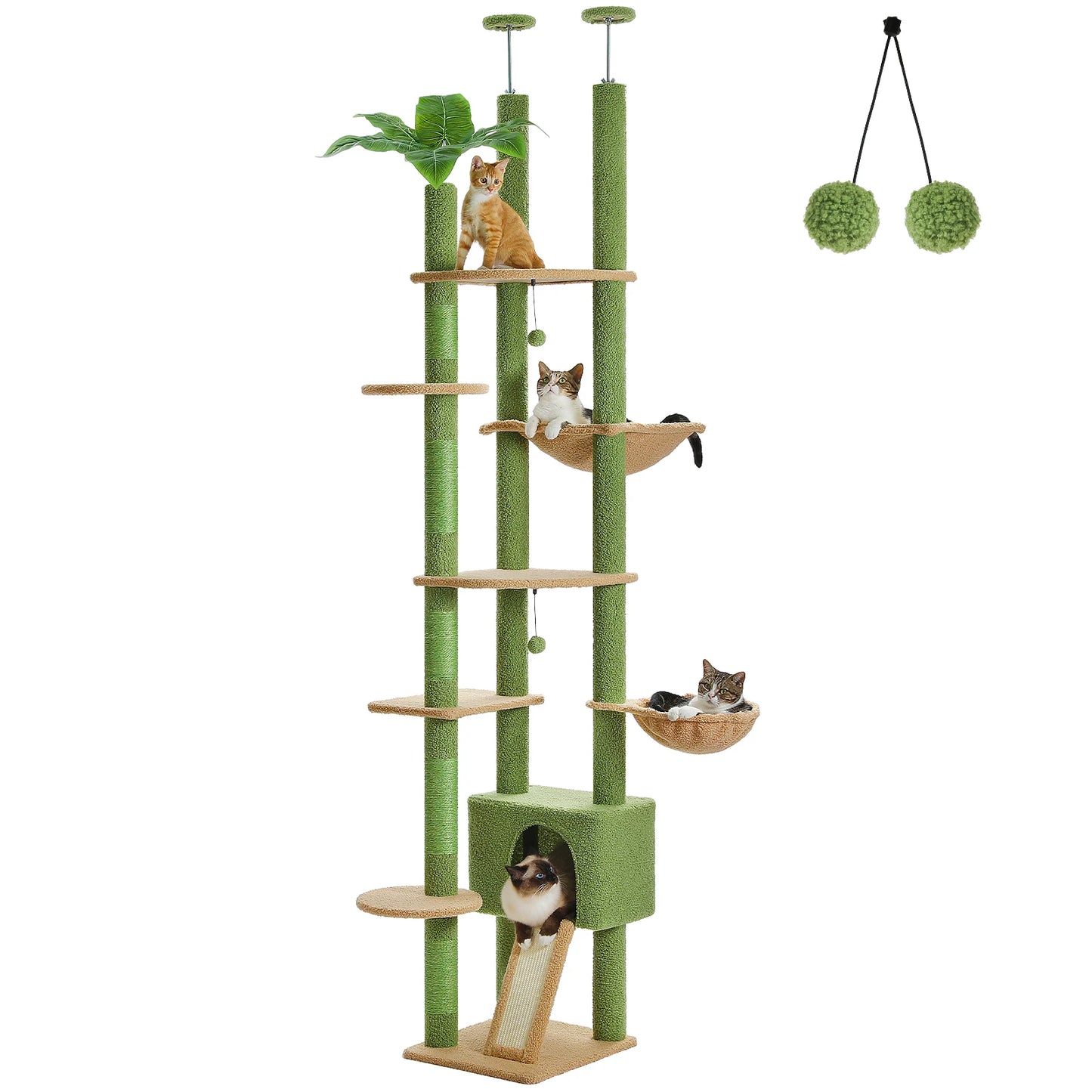 Adjustable Floor to Ceiling Cat Condo, Hanging Ball,5 Scratching Posts, Hammock, Ample Resting Place for Cats