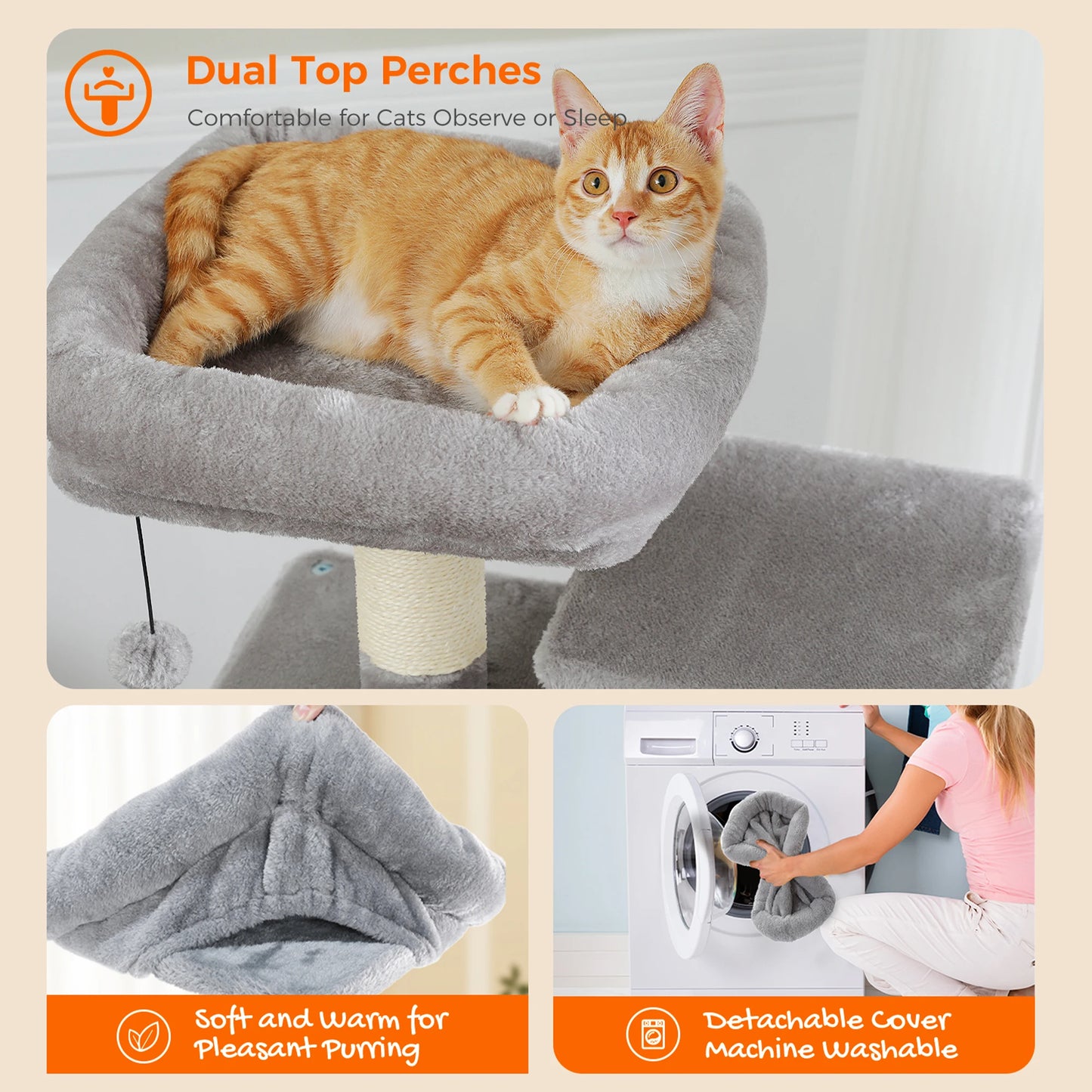 6-levels Safe and Stable Cat Tree with Soft Hammock, Dual Condos, Double Top Perches