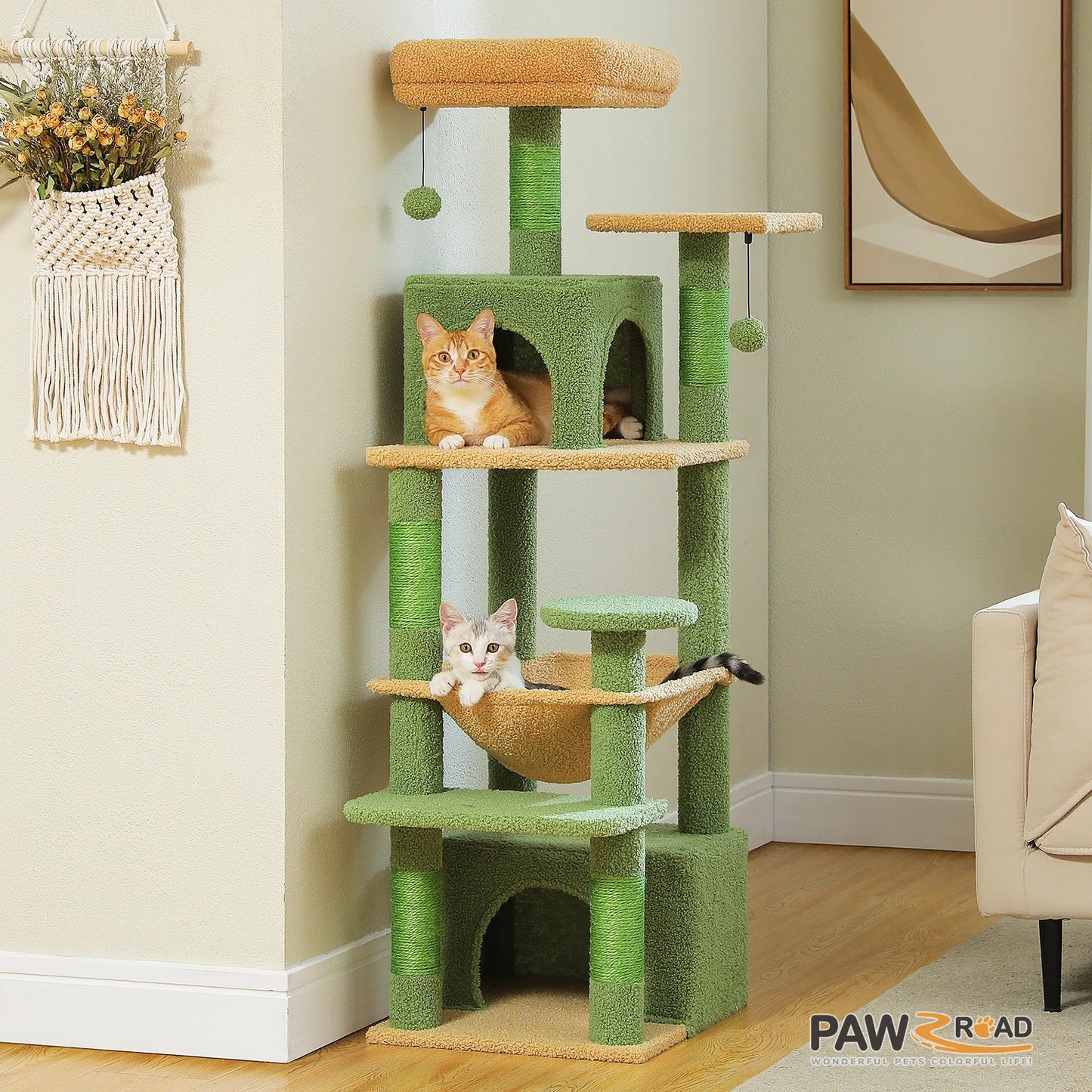 6-levels Safe and Stable Cat Tree with Soft Hammock, Dual Condos, Double Top Perches
