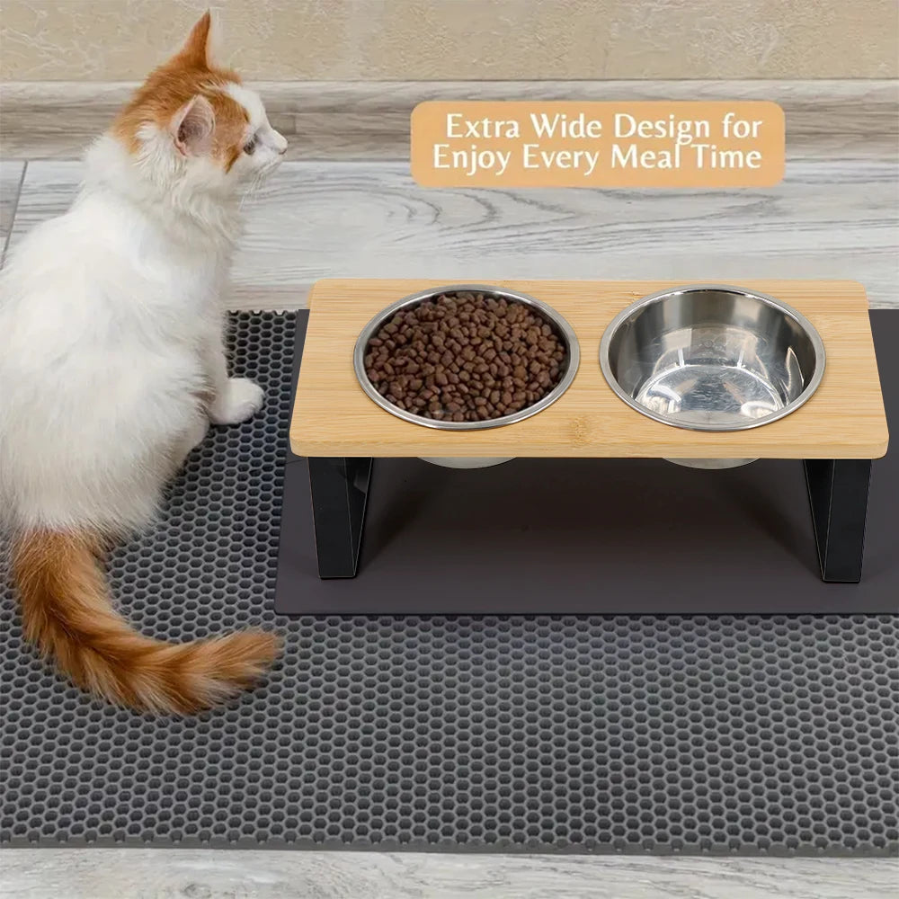 Elevated Cat Bowls 15° Tilted Raised Cat Food Bowls with Wooden Stand