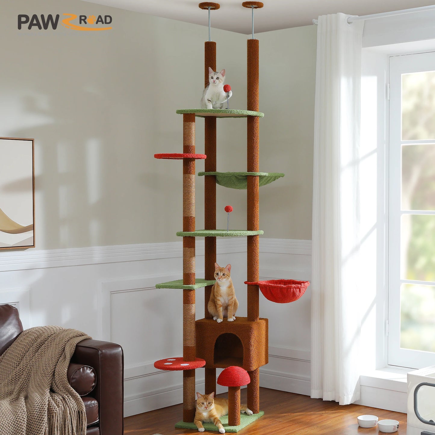 Adjustable Floor to Ceiling Cat Condo, Hanging Ball,5 Scratching Posts, Hammock, Ample Resting Place for Cats