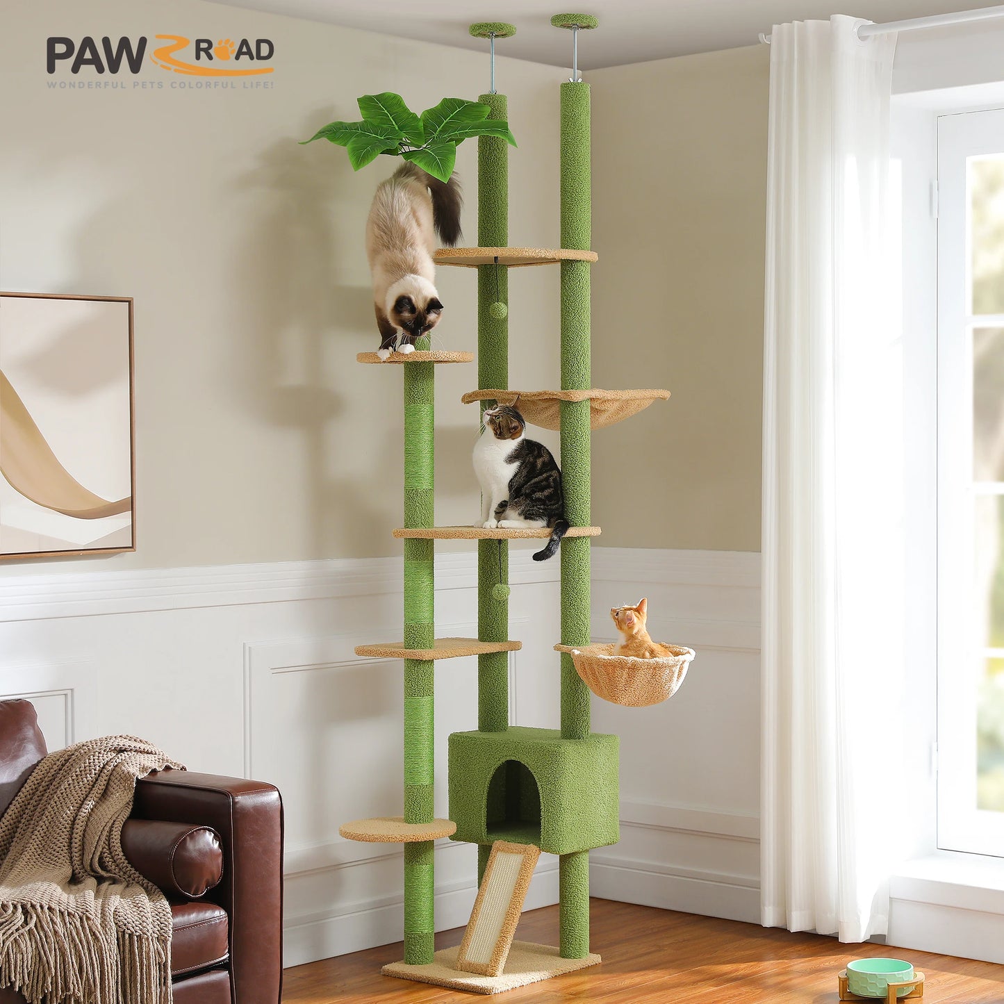Adjustable Floor to Ceiling Cat Condo, Hanging Ball,5 Scratching Posts, Hammock, Ample Resting Place for Cats