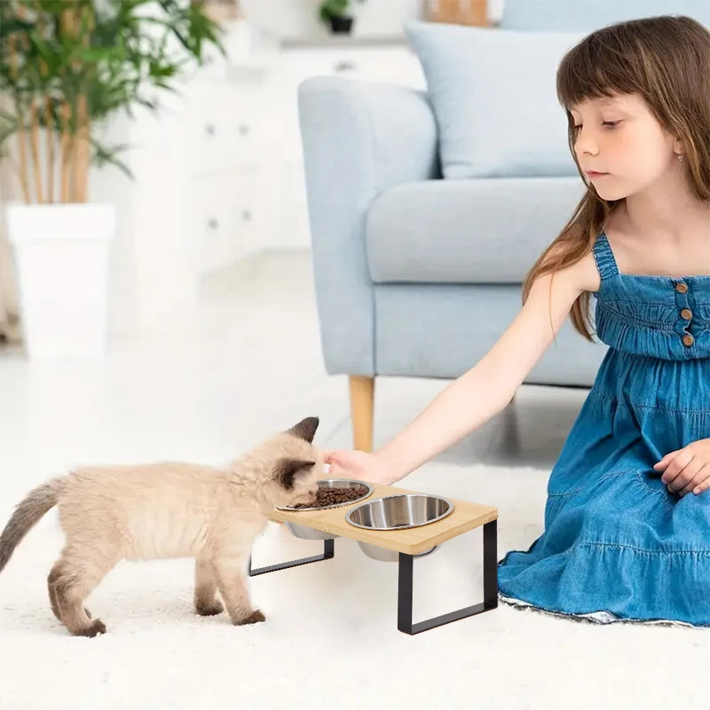 Elevated Cat Bowls 15° Tilted Raised Cat Food Bowls with Wooden Stand