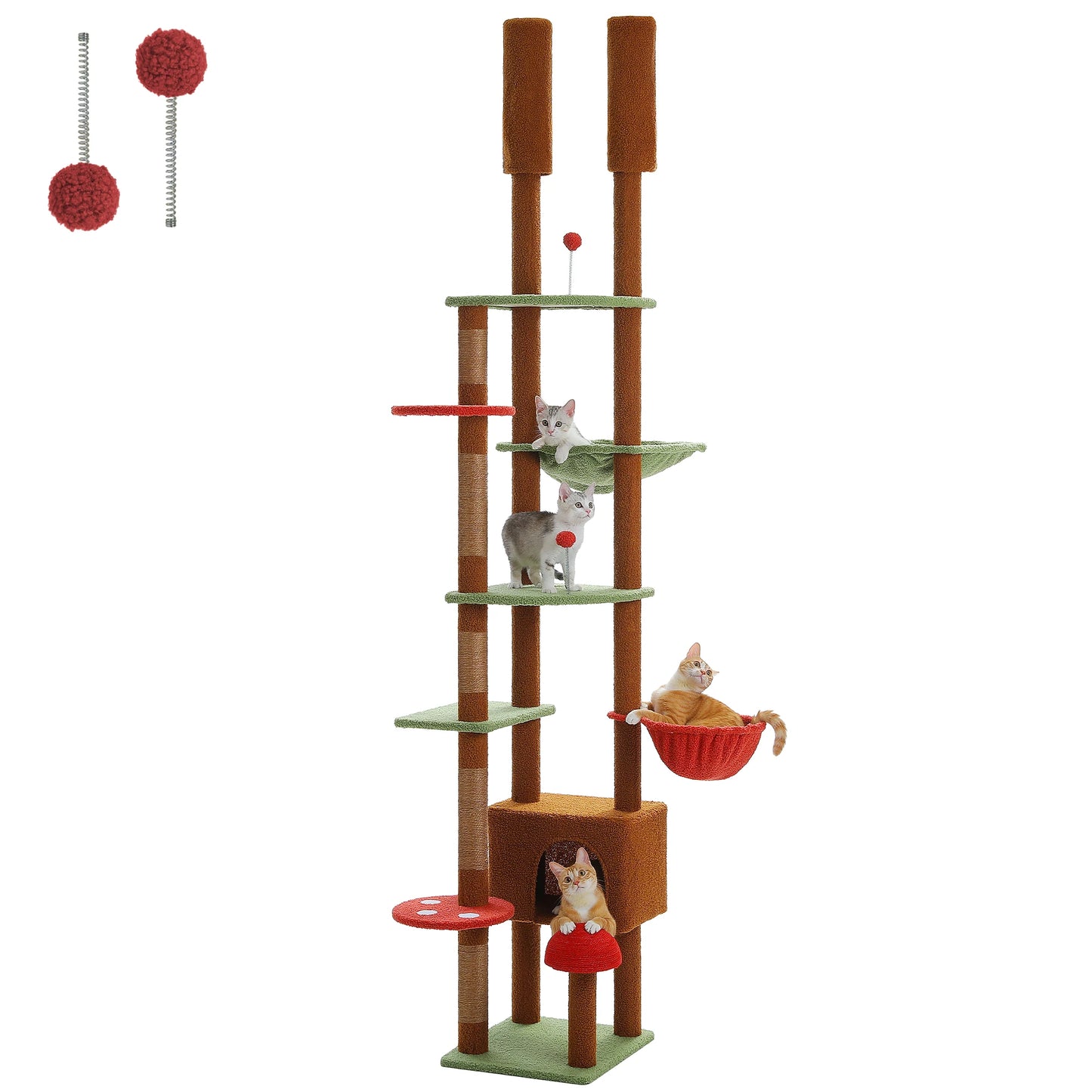 Adjustable Floor to Ceiling Cat Condo, Hanging Ball,5 Scratching Posts, Hammock, Ample Resting Place for Cats
