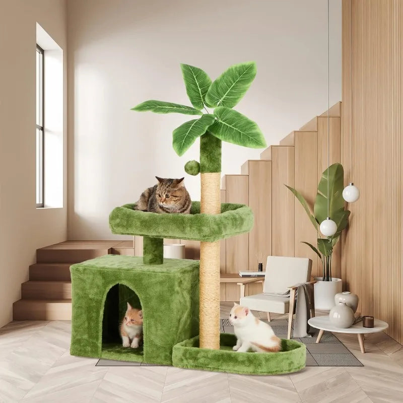 31.5" Cat Tower with Green Leaves, Cat Condo with Hang Ball and Leaf Shape Design