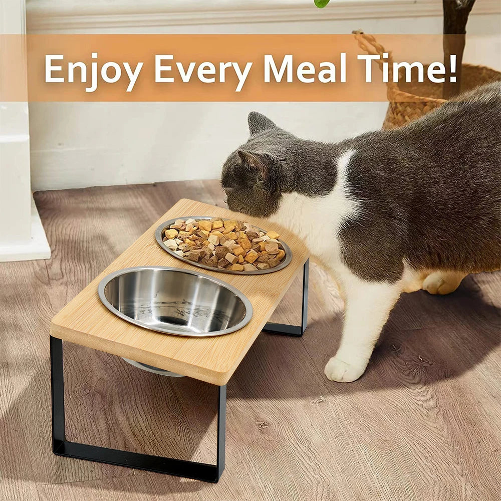 Elevated Cat Bowls 15° Tilted Raised Cat Food Bowls with Wooden Stand