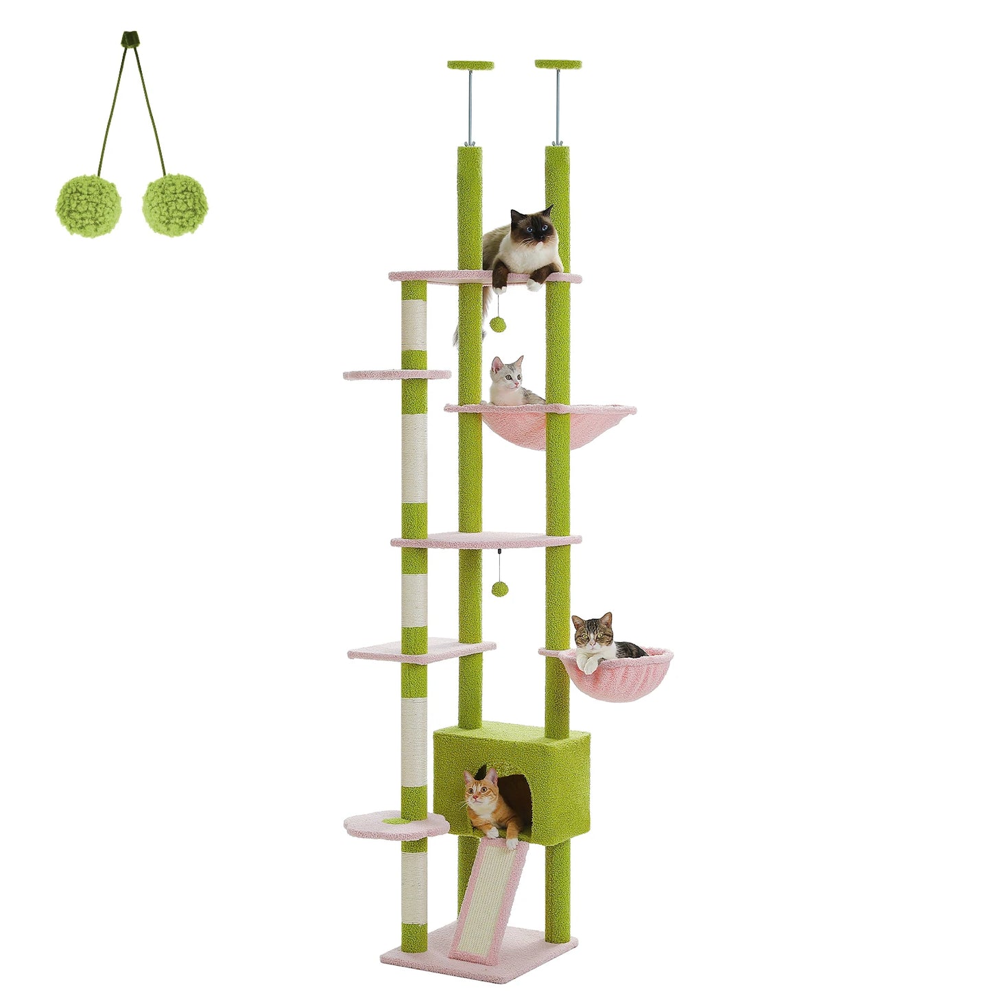 Adjustable Floor to Ceiling Cat Condo, Hanging Ball,5 Scratching Posts, Hammock, Ample Resting Place for Cats