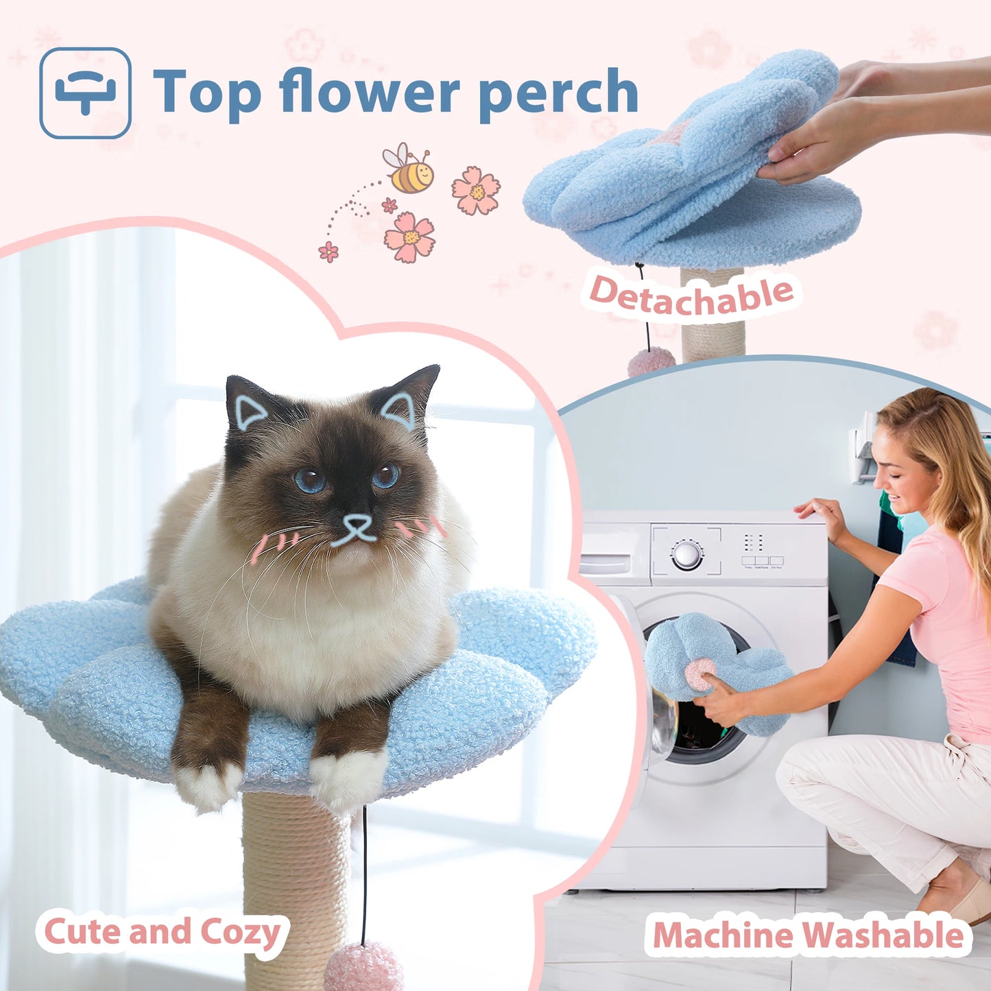 Flower Cat Tree with Metal Frame Hammock & Scratching Posts for Small Indoor Cats - Perfectly Pink Perch!