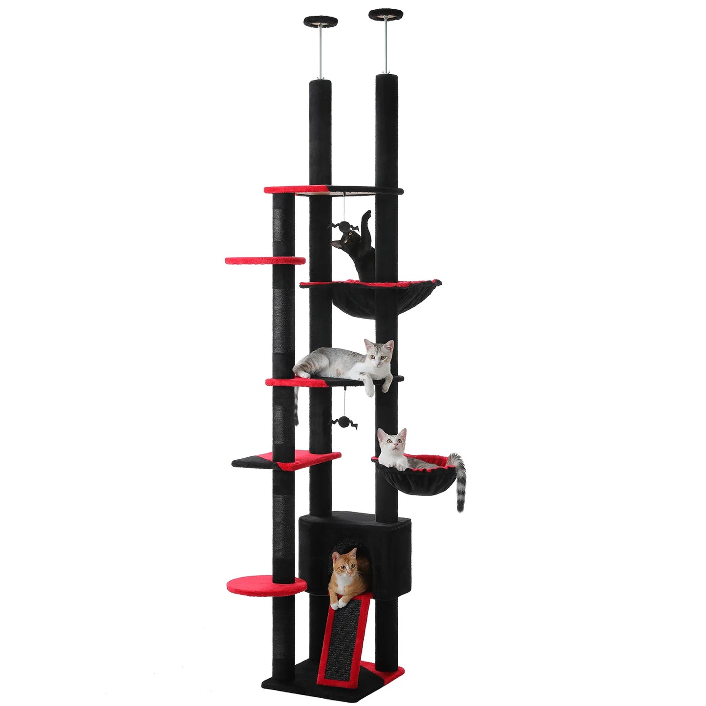Adjustable Floor to Ceiling Cat Condo, Hanging Ball,5 Scratching Posts, Hammock, Ample Resting Place for Cats