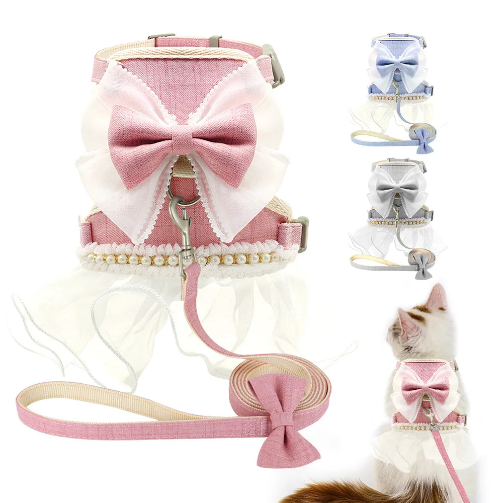 Nylon Cat Harness Leash Set Cute Bowknot Cat Dress