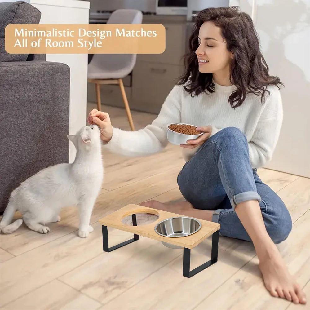 Elevated Cat Bowls 15° Tilted Raised Cat Food Bowls with Wooden Stand
