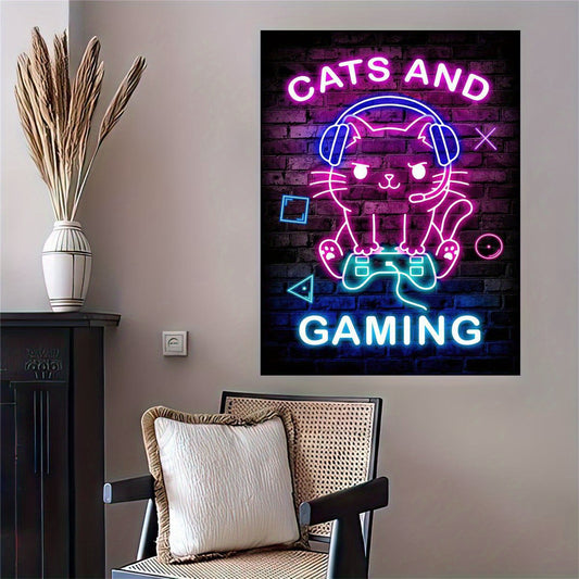 Neon Gaming Cat Canvas Poster