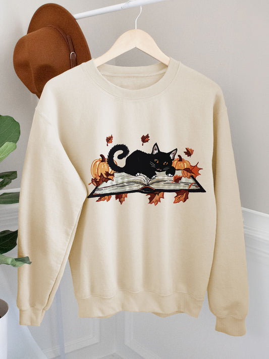 Fall Book & Black Cat Print Sweatshirt