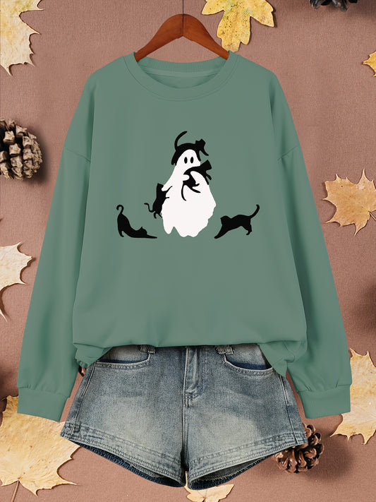 Plus Size Ghost & Cat Print Sweatshirt