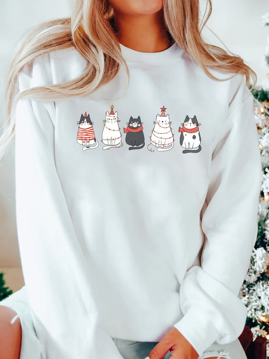 Cozy Christmas Cat Print Sweatshirt