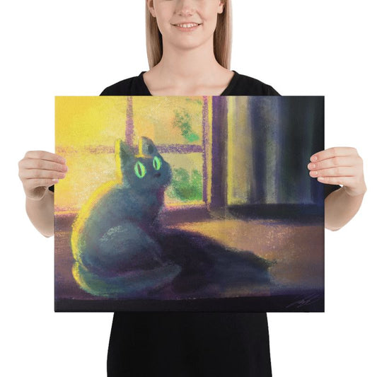 "Glowing Cat": Painting of a Black Cat Sitting at a Window [Unfoiled]