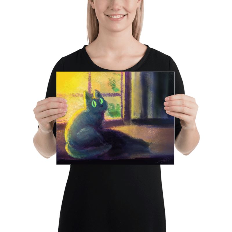 "Glowing Cat": Painting of a Black Cat Sitting at a Window [Unfoiled]