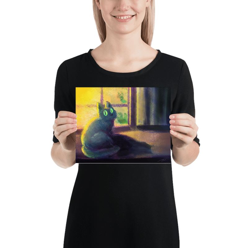 "Glowing Cat": Painting of a Black Cat Sitting at a Window [Unfoiled]
