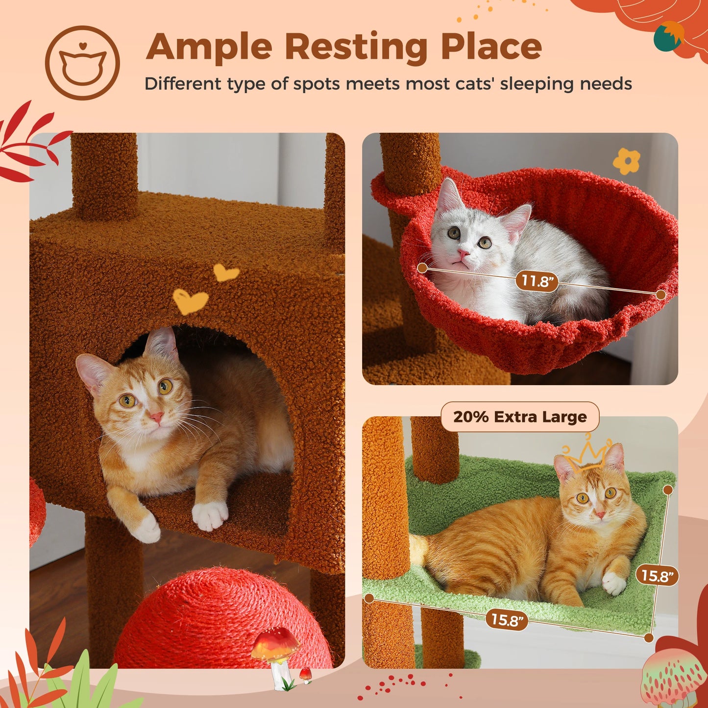 Adjustable Floor to Ceiling Cat Condo, Hanging Ball,5 Scratching Posts, Hammock, Ample Resting Place for Cats