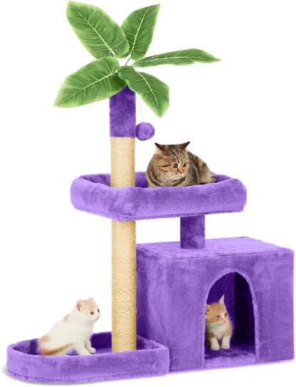 31.5" Cat Tower  with Green Leaves, Cat Condo  with Hang Ball and Leaf Shape Design