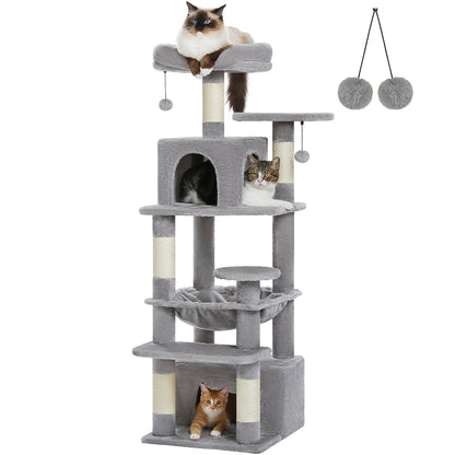 6-levels Safe and Stable Cat Tree with Soft Hammock, Dual Condos, Double Top Perches