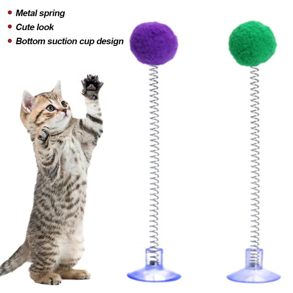 Random Color Cat Feather Spring Ball Toy with Suction Cup