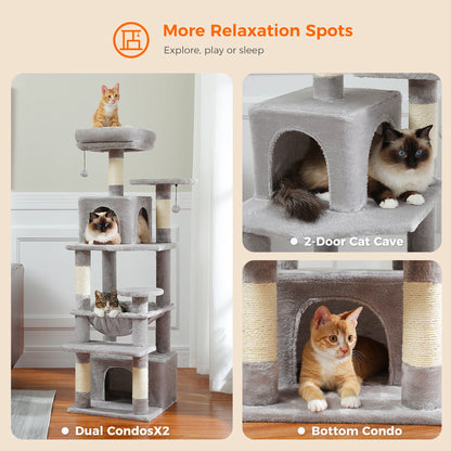 6-levels Safe and Stable Cat Tree with Soft Hammock, Dual Condos, Double Top Perches