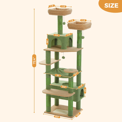 Multi-Level Cat Tree 72.4inch Luxury Cat Tower with Condo Hammock