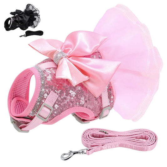Bowknot Cat Dog Harness Leash Set Lace Crystal