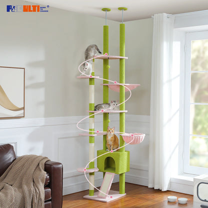 Adjustable Floor to Ceiling Cat Condo, Hanging Ball,5 Scratching Posts, Hammock, Ample Resting Place for Cats