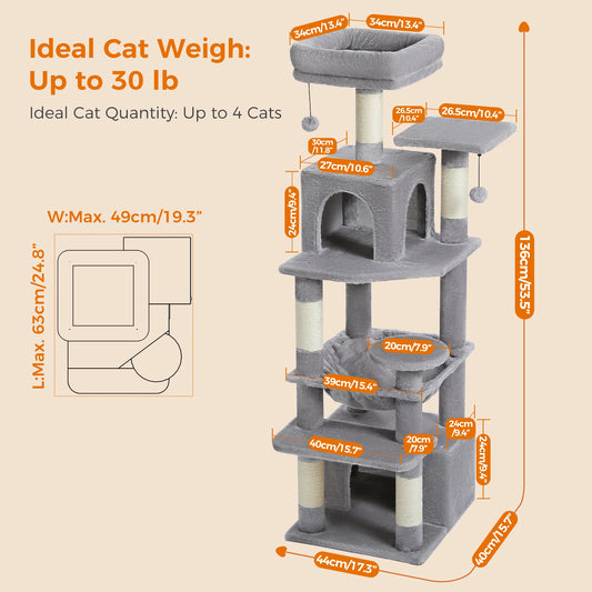 6-levels Safe and Stable Cat Tree with Soft Hammock, Dual Condos, Double Top Perches