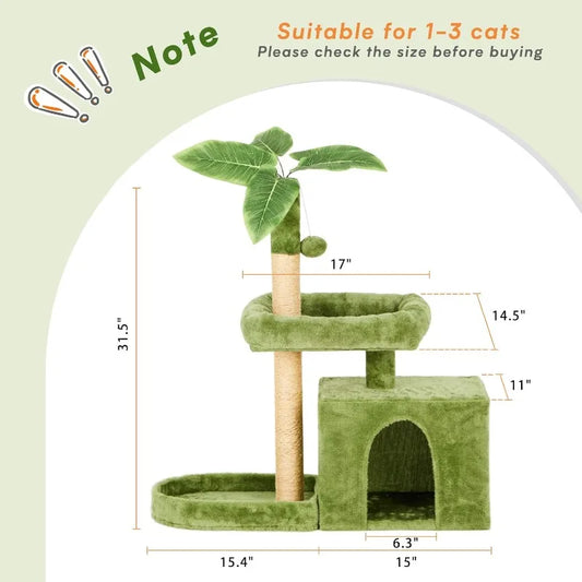 31.5" Cat Tower  with Green Leaves, Cat Condo  with Hang Ball and Leaf Shape Design
