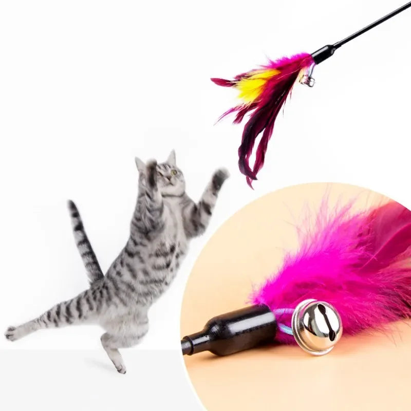 Long Handle Cats Toy with Bell & Feather Sticks