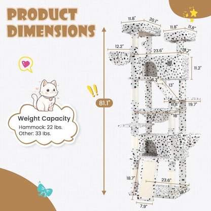 81in Multi-Level Tall Cat Tree Tower for Indoor Kitties/Larger Cat Condo Furniture with Hammock/Cozy Pussycat Perches
