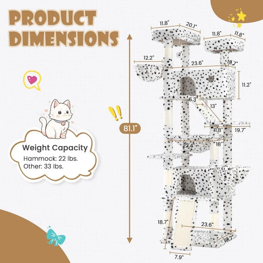 81in Multi-Level Tall Cat Tree Tower for Indoor Kitties/Larger Cat Condo Furniture with Hammock/Cozy Pussycat Perches