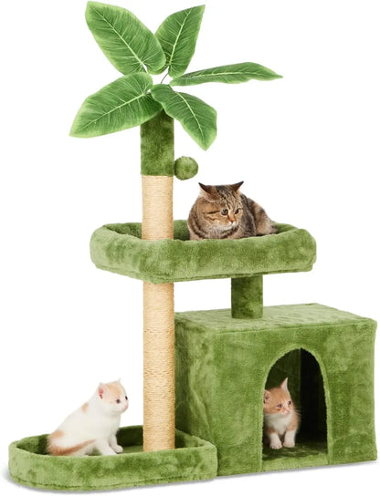 31.5" Cat Tower  with Green Leaves, Cat Condo  with Hang Ball and Leaf Shape Design