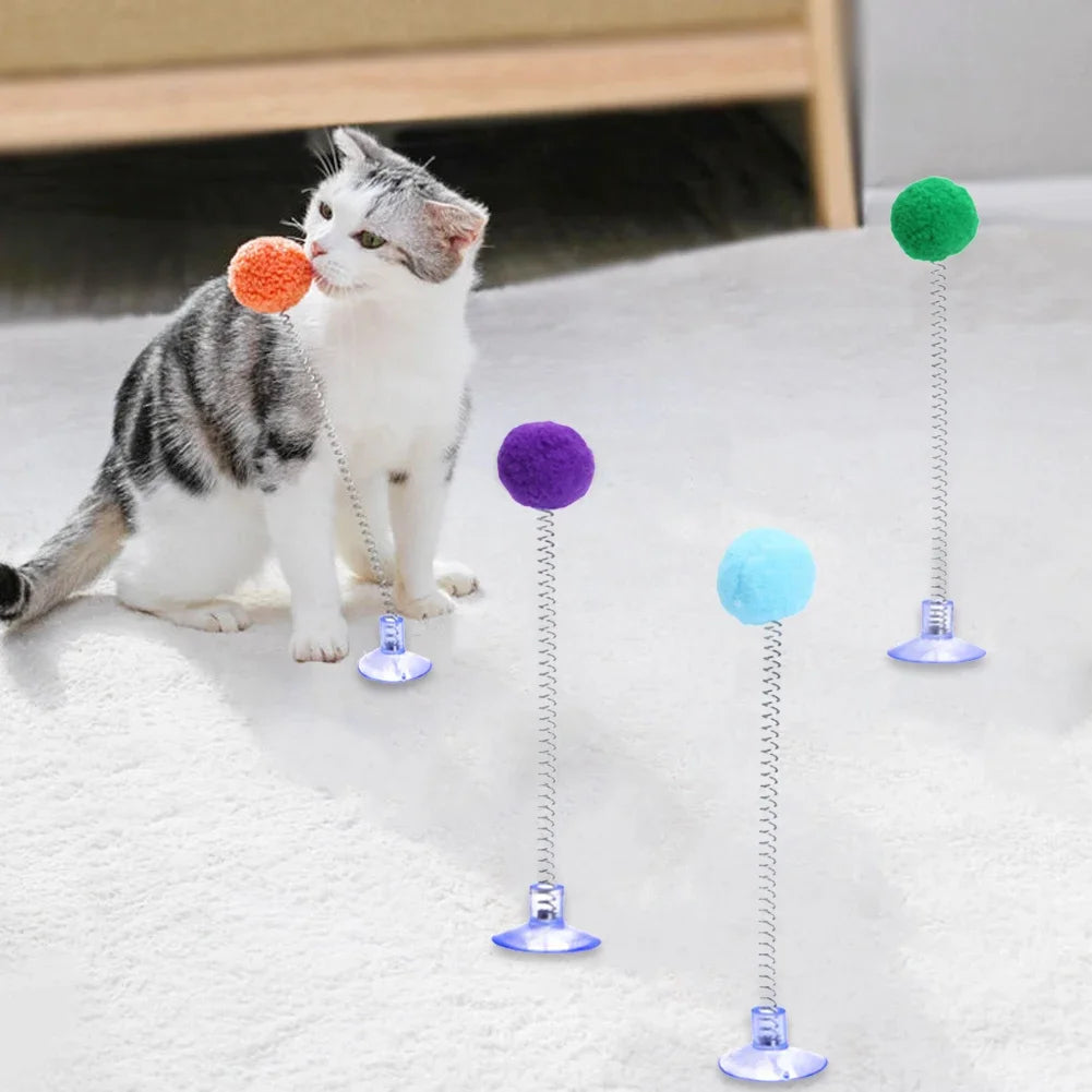 Random Color Cat Feather Spring Ball Toy with Suction Cup