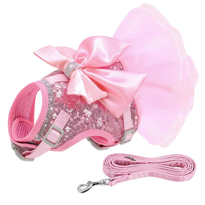 Bowknot Cat Dog Harness Leash Set Lace Crystal