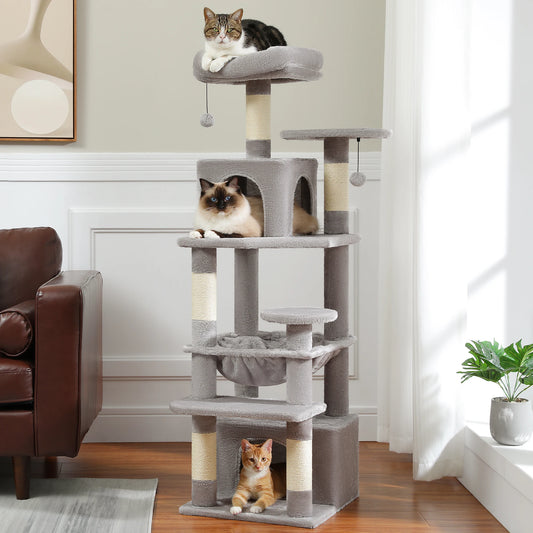 6-levels Safe and Stable Cat Tree with Soft Hammock, Dual Condos, Double Top Perches