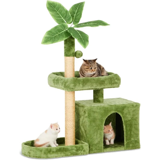 31.5" Cat Tower  with Green Leaves, Cat Condo  with Hang Ball and Leaf Shape Design