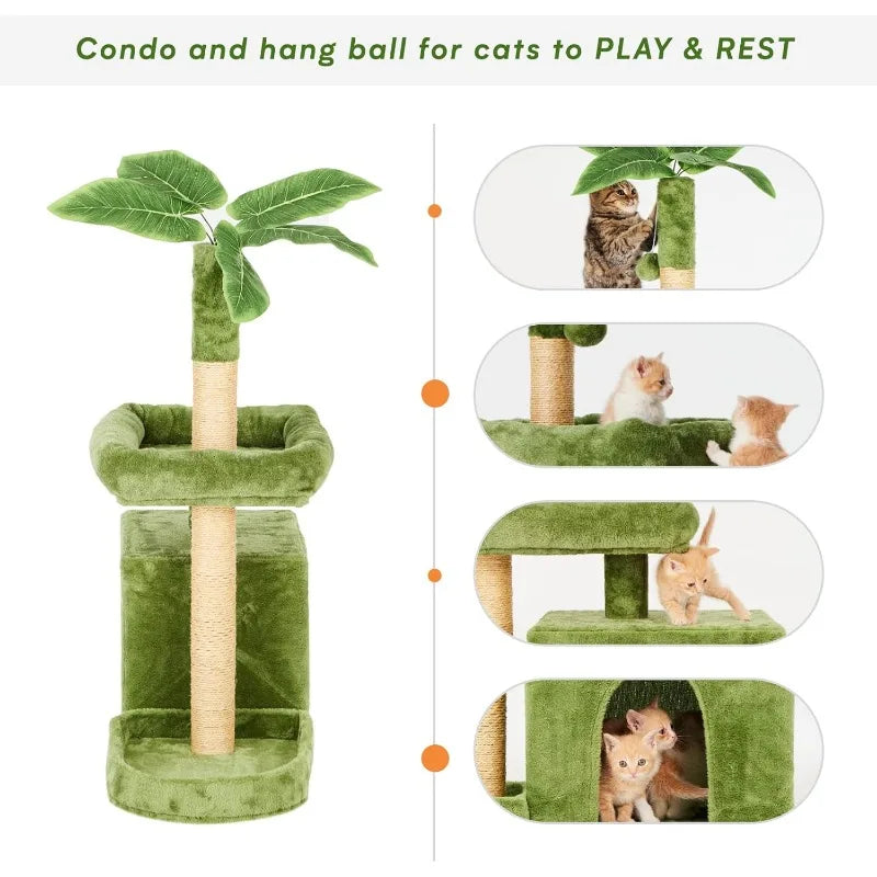 31.5" Cat Tower  with Green Leaves, Cat Condo  with Hang Ball and Leaf Shape Design
