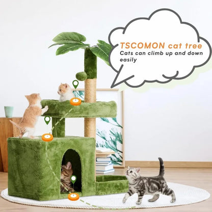 31.5" Cat Tower  with Green Leaves, Cat Condo  with Hang Ball and Leaf Shape Design