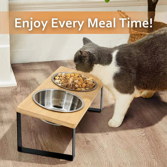 Elevated Cat Bowls 15° Tilted Raised Cat Food Bowls with Wooden Stand