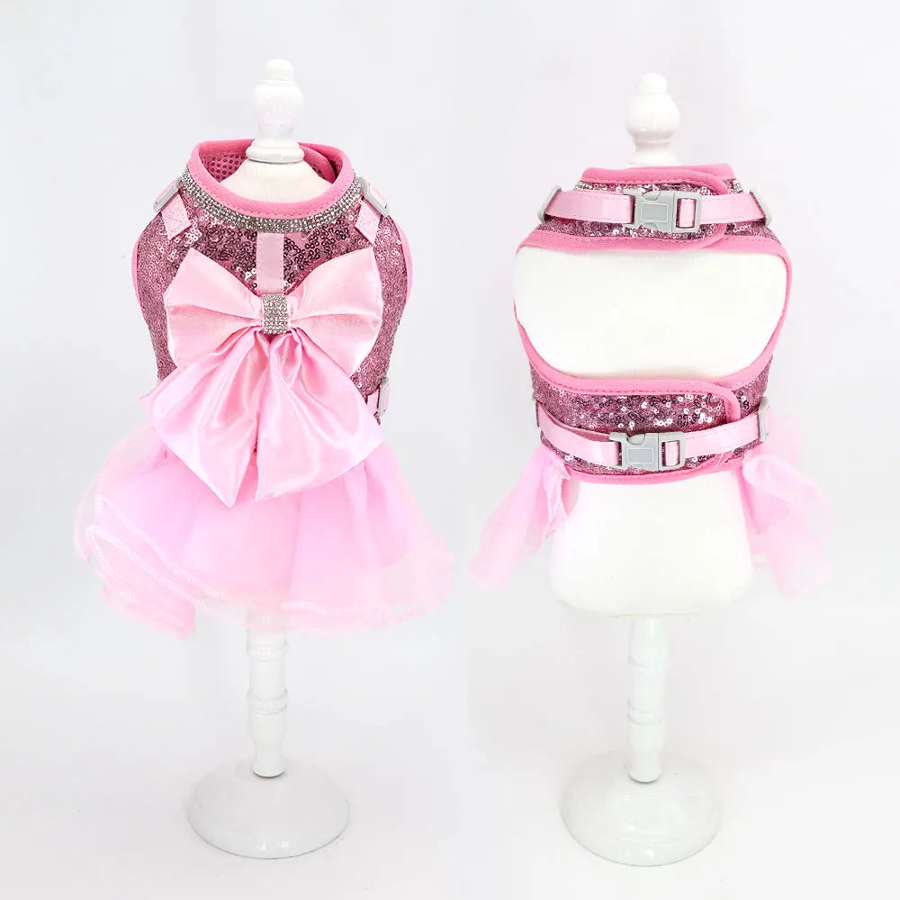 Bowknot Cat Dog Harness Leash Set Lace Crystal