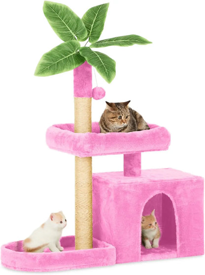 31.5" Cat Tower  with Green Leaves, Cat Condo  with Hang Ball and Leaf Shape Design