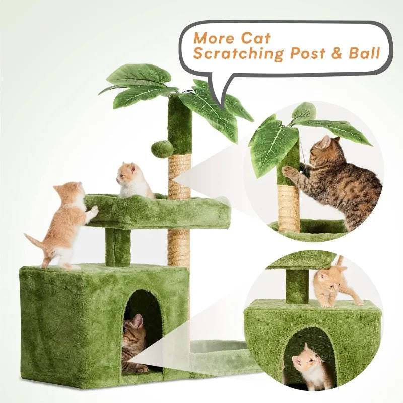 31.5" Cat Tower  with Green Leaves, Cat Condo  with Hang Ball and Leaf Shape Design
