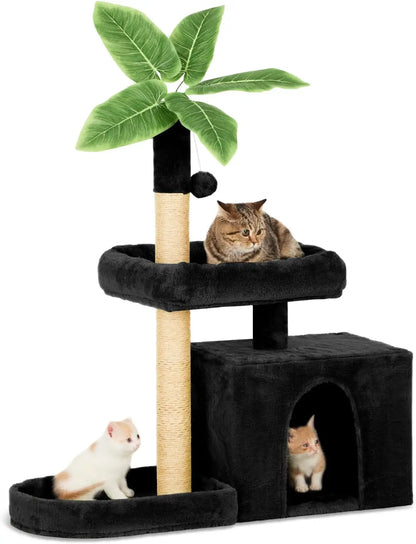31.5" Cat Tower  with Green Leaves, Cat Condo  with Hang Ball and Leaf Shape Design