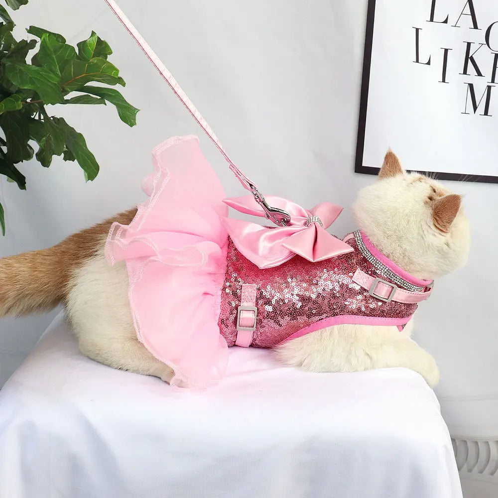 Bowknot Cat Dog Harness Leash Set Lace Crystal