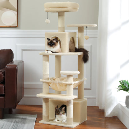 6-levels Safe and Stable Cat Tree with Soft Hammock, Dual Condos, Double Top Perches